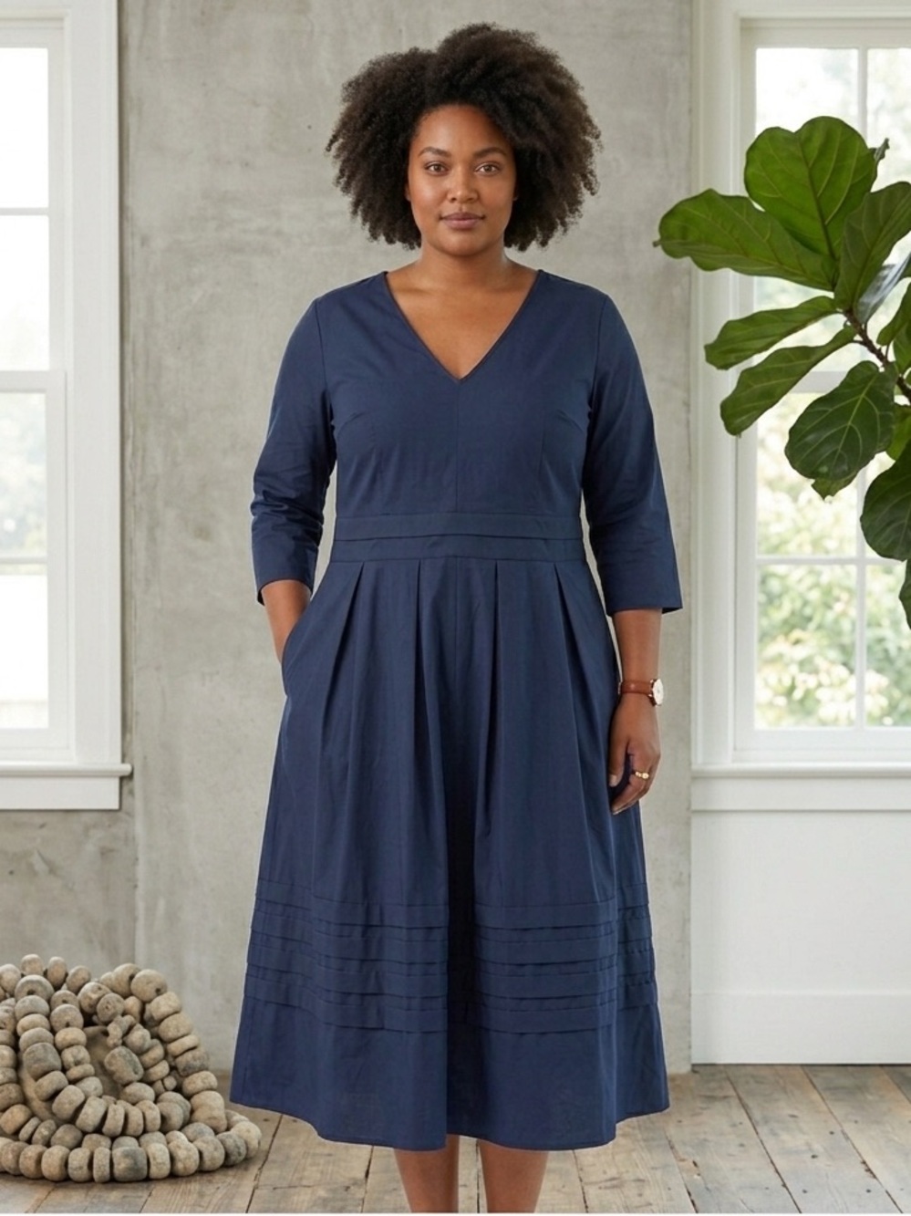 eShakti Fit and Flare Midi Dress Navy Blue Pleated Pocket Midi Dress 3/4 Sleeves